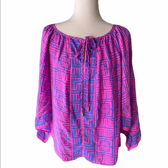 Alice & Trixie Tops - Alice & Trixie Silk Pink Blue Tie Neck Blouse - XS